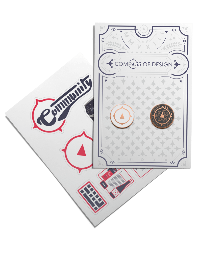 The Compass of Design cards, pins, and stickers